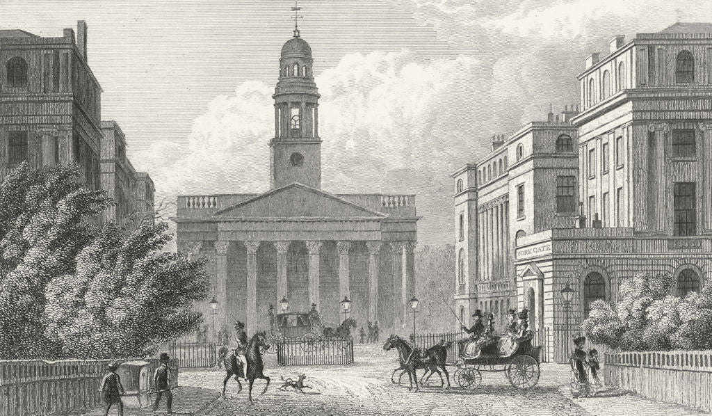 LONDON. York Gate, Regent's Park Marylebone Church 1827 old antique print
